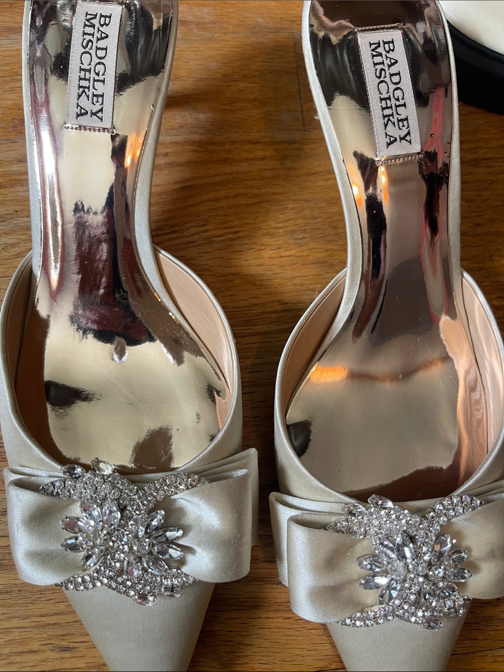 Badgley Mischka Champagne Satin Jeweled Bow Pointed-Toe Mules - Picture 3 of 3